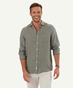 Pure Linen Plain Long Sleeve Shirt - Khaki